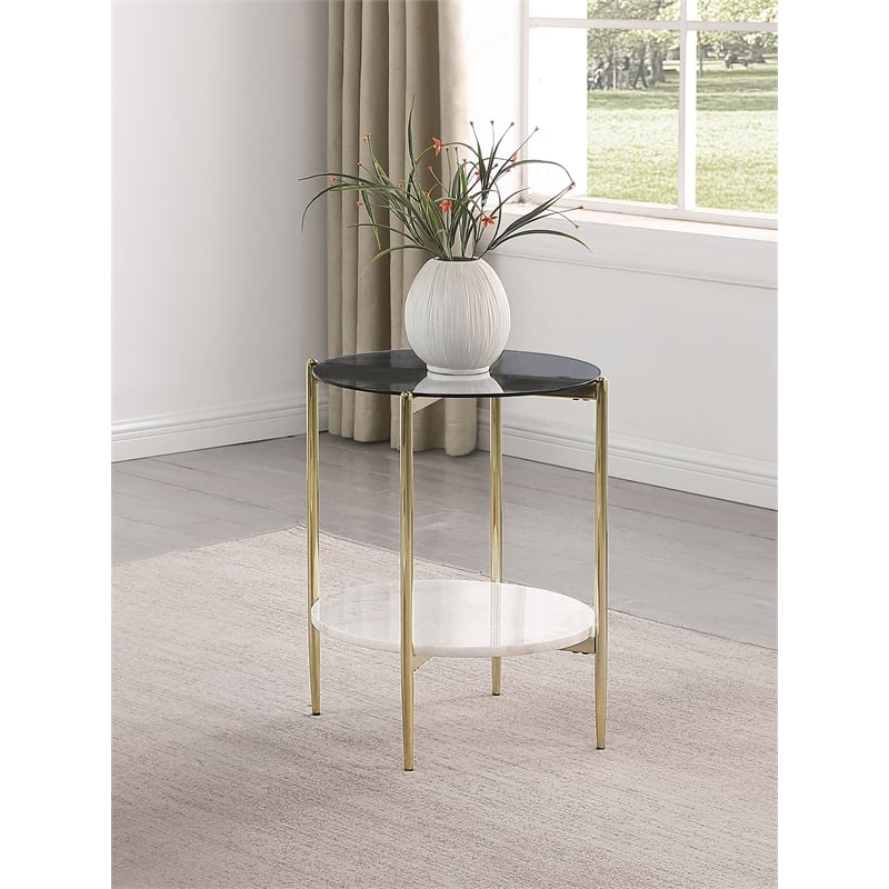 Pemberly Row Round Glass Top End Table with White Marble Shelf in Gold
