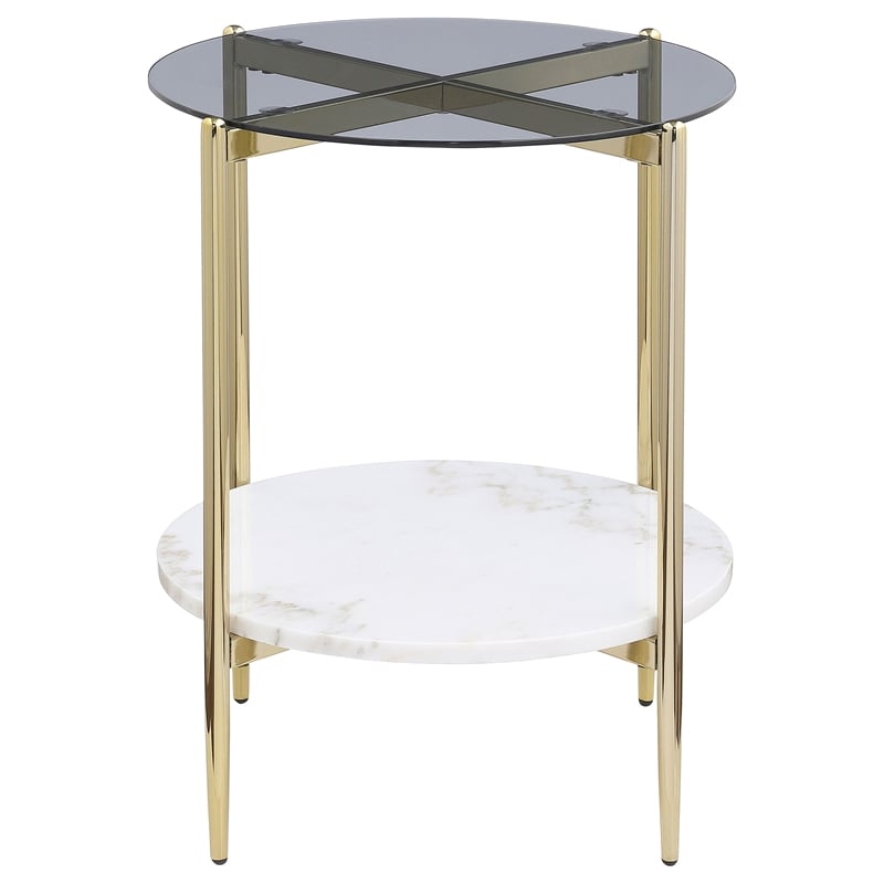 Pemberly Row Round Glass Top End Table with White Marble Shelf in Gold