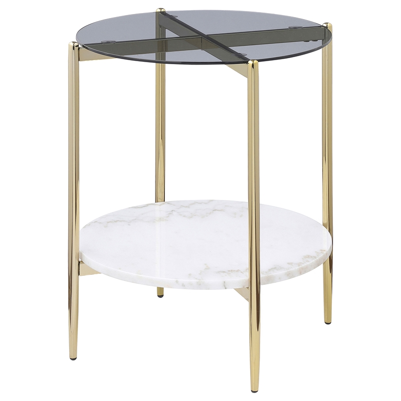 Pemberly Row Round Glass Top End Table with White Marble Shelf in Gold