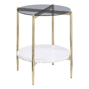 Pemberly Row Round Glass Top End Table with White Marble Shelf in Gold