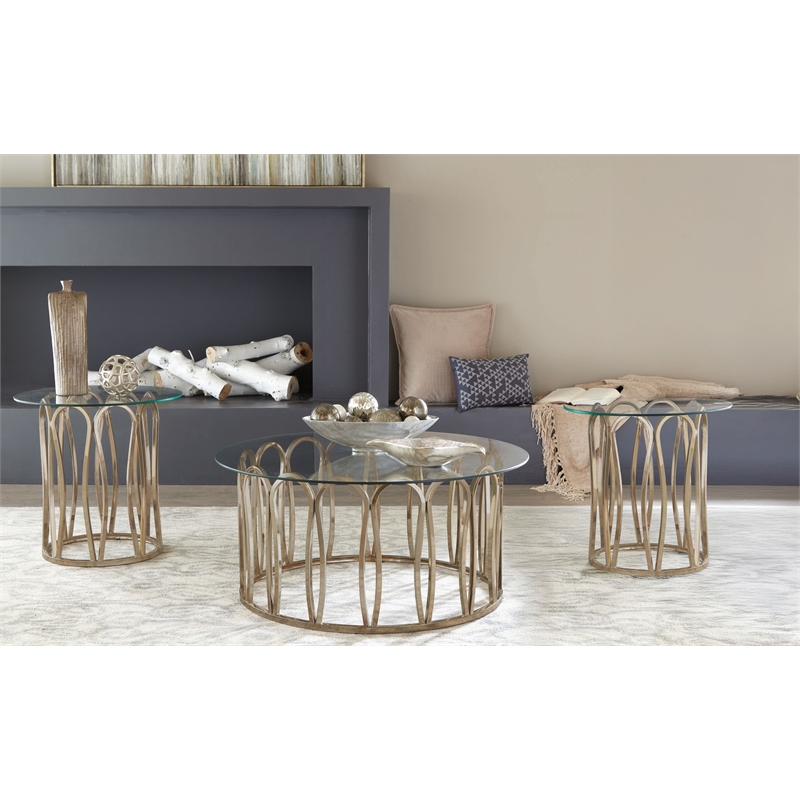 Pemberly Row 3-Piece Round Coffee and End Table Set in Chocolate Chrome