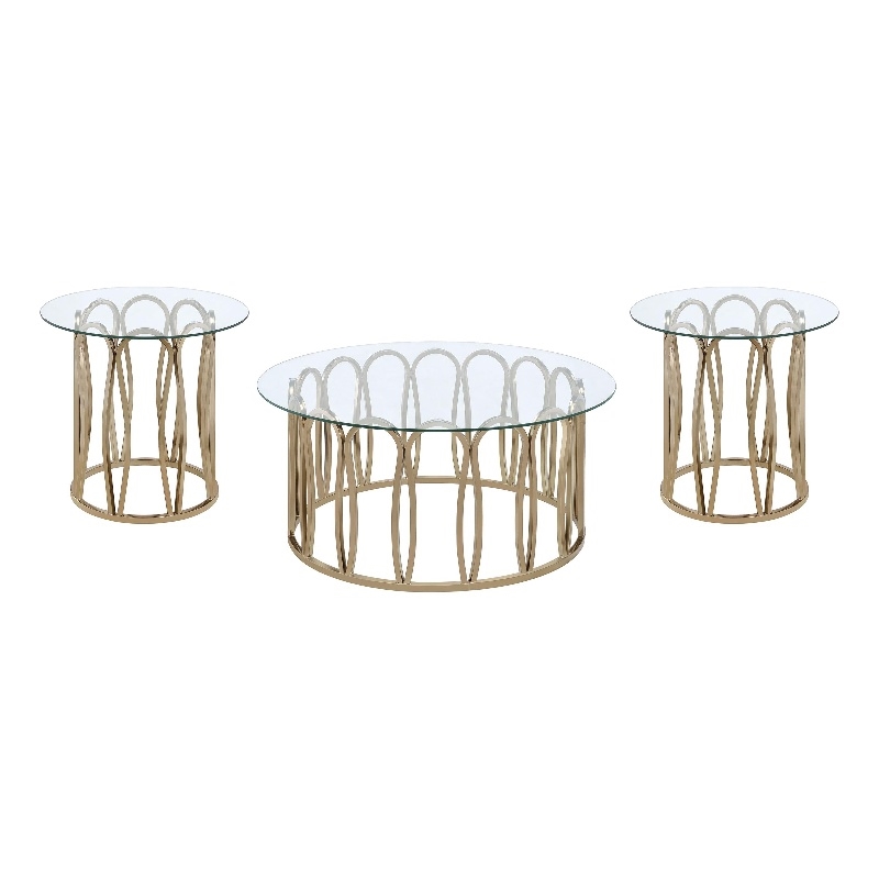 Pemberly Row 3-Piece Round Coffee and End Table Set in Chocolate Chrome