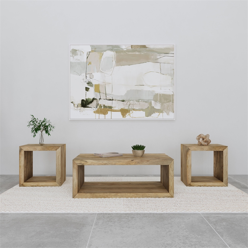 Pemberly Row 3-Piece Solid Mango Wood Coffee and End Table Set in Natural