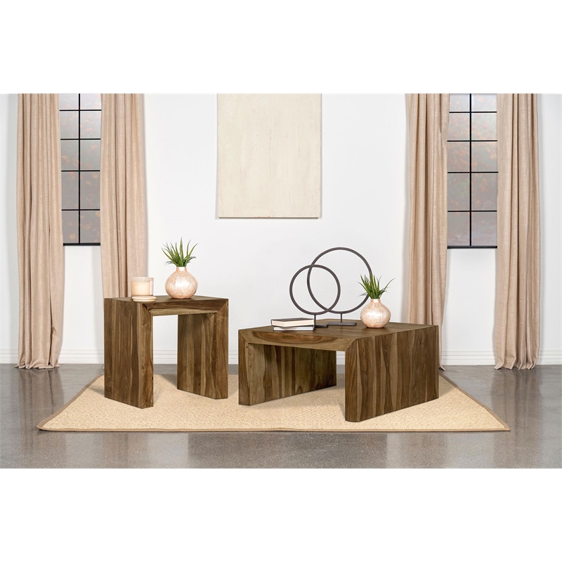Pemberly Row 2-Piece Solid Sheesham Coffee and End Table Set in Auburn