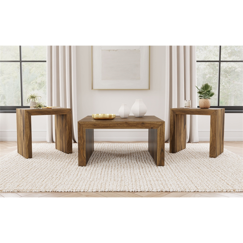 Pemberly Row 3-Piece Solid Sheesham Coffee and End Table Set in Auburn