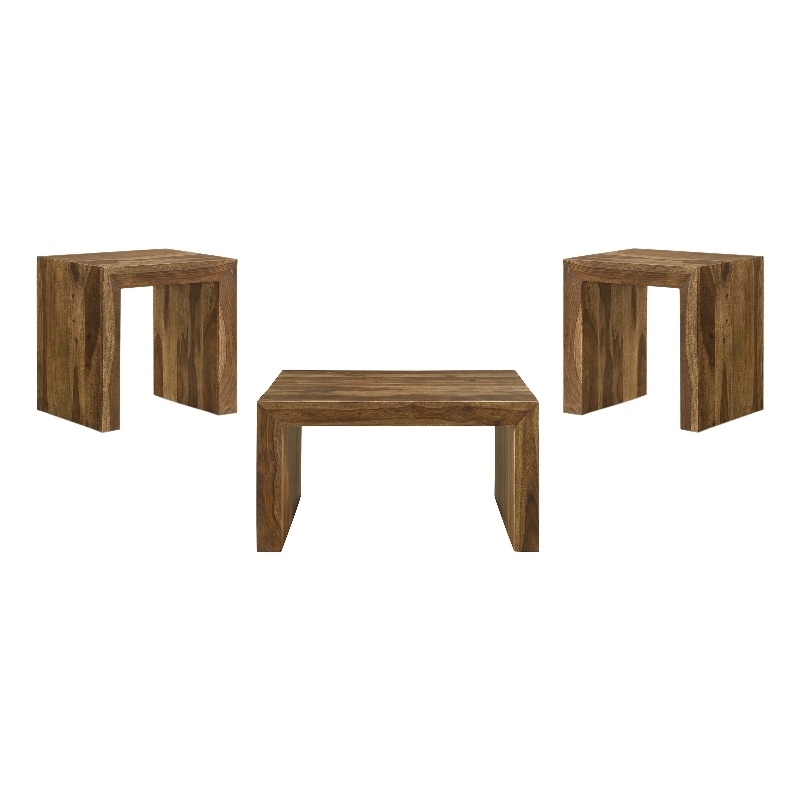 Pemberly Row 3-Piece Solid Sheesham Coffee and End Table Set in Auburn