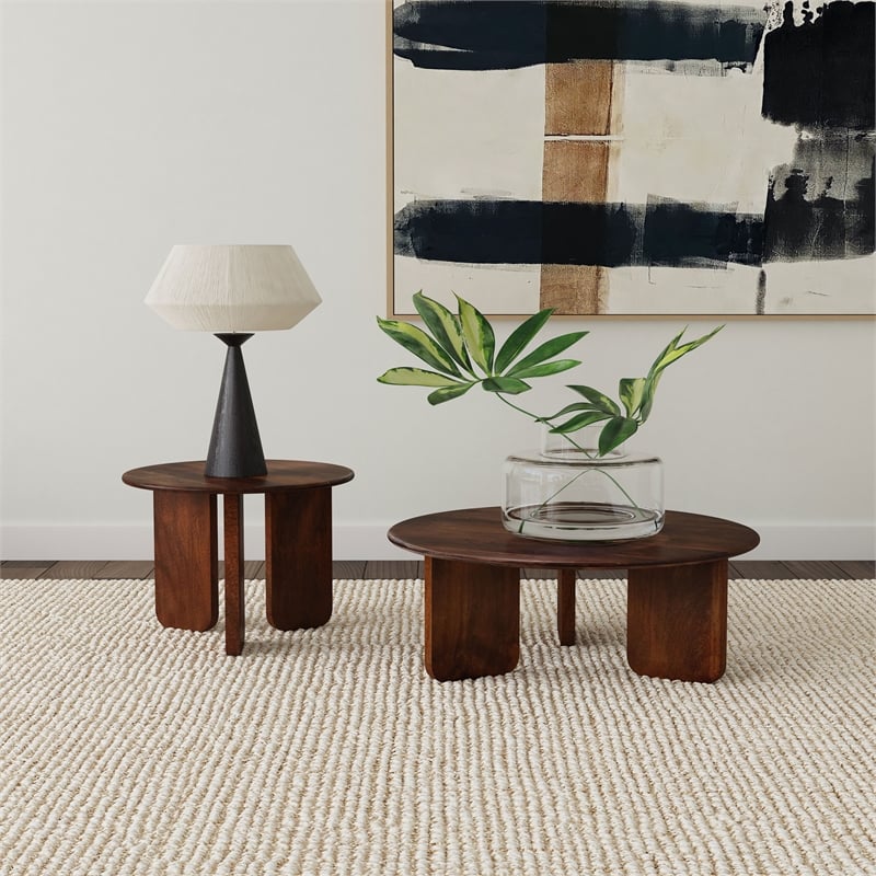 Pemberly Row Round Solid Mango Wood Side End Table in Deep Brown