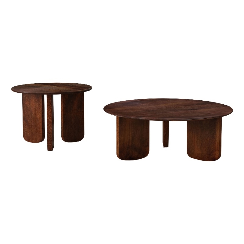 Pemberly Row 2-Piece Round Solid Mango Coffee and End Table Set in Brown