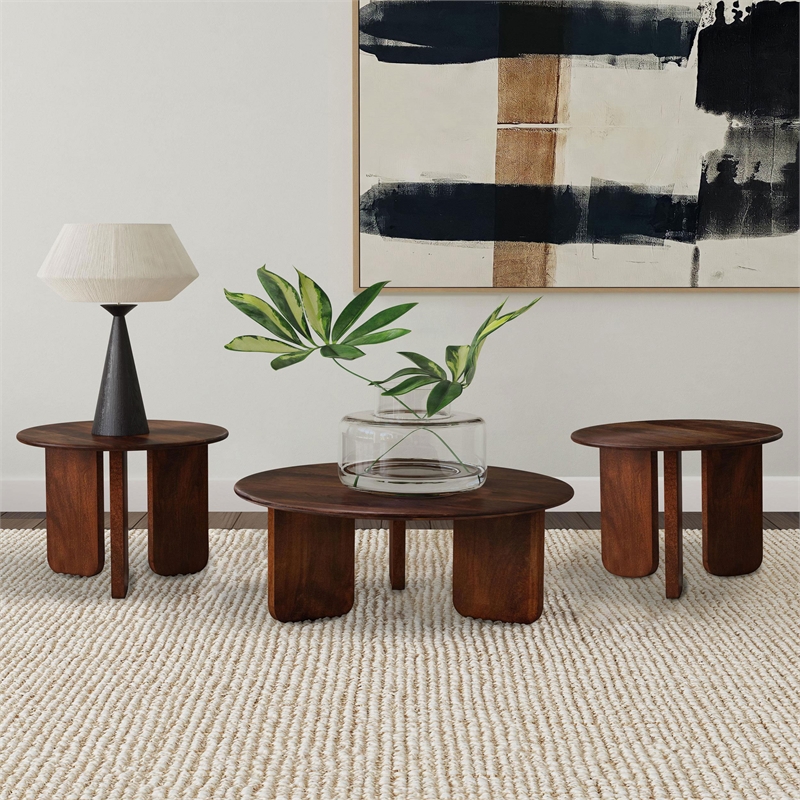 Pemberly Row 3-Piece Round Solid Mango Coffee and End Table Set in Brown