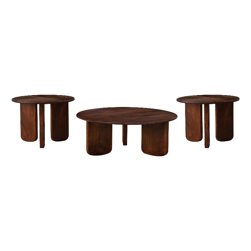 Pemberly Row 3-Piece Round Solid Mango Coffee and End Table Set in Brown