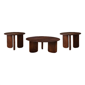 Pemberly Row 3-Piece Round Solid Mango Coffee and End Table Set in Brown