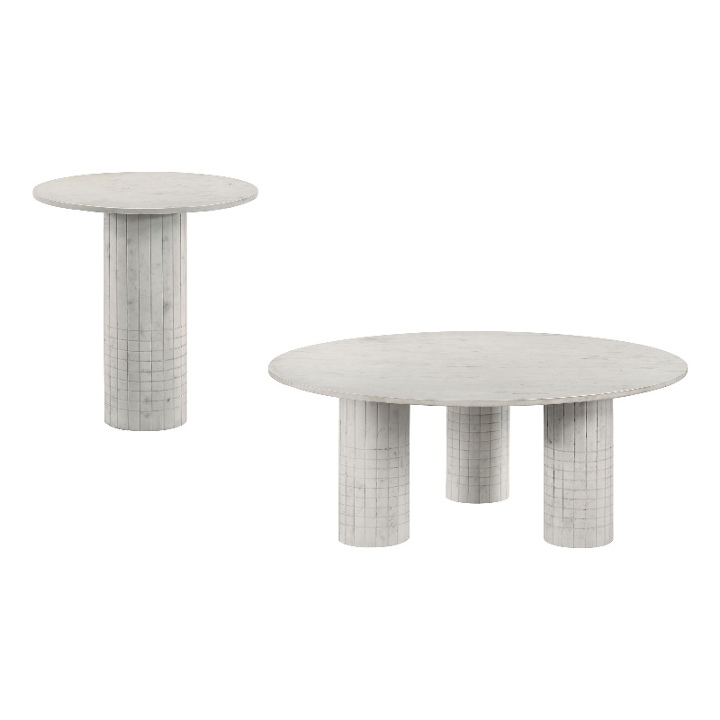Pemberly Row 2-Piece Round Marble Coffee and End Table Set in White