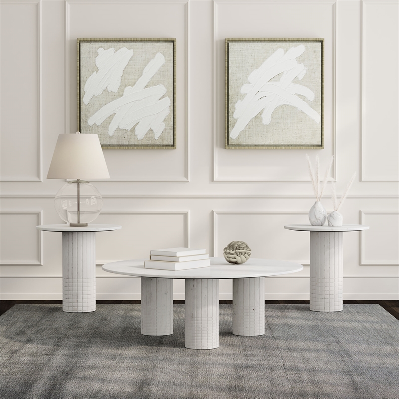 Pemberly Row 3-Piece Round Marble Coffee and End Table Set in White