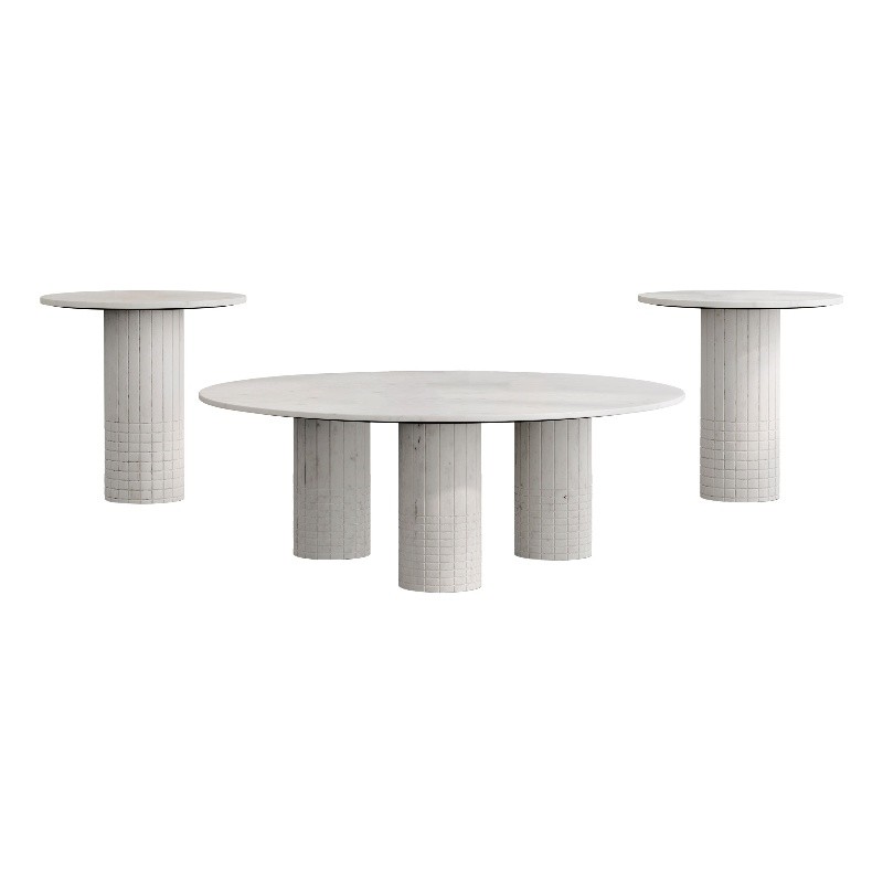 Pemberly Row 3-Piece Round Marble Coffee and End Table Set in White