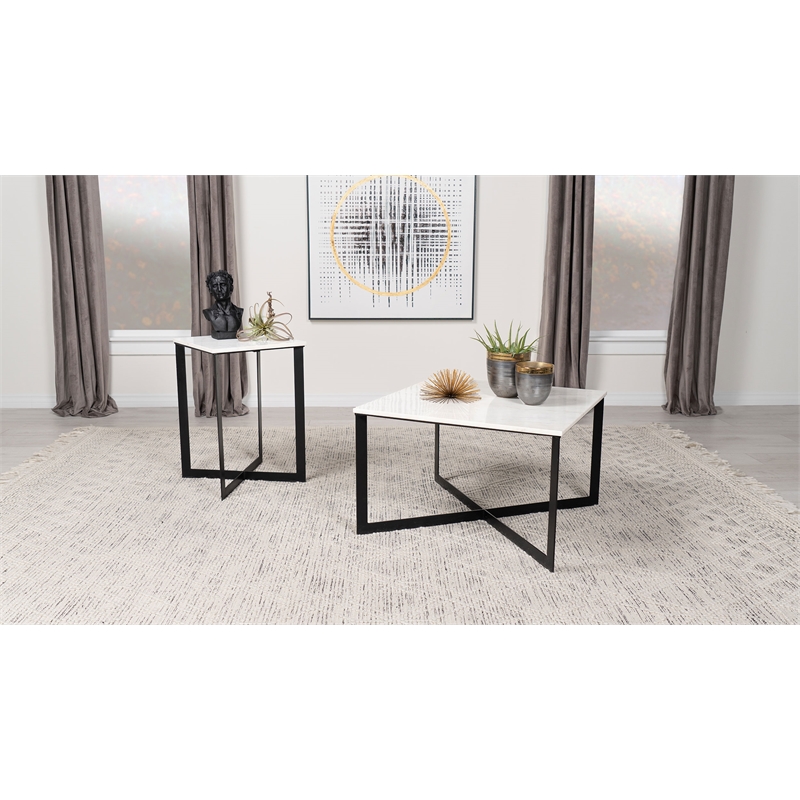 Pemberly Row 2-Piece Marble Top Coffee and End Table Set in White
