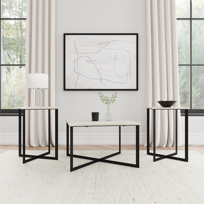 Pemberly Row 3-Piece Marble Top Coffee and End Table Set in White