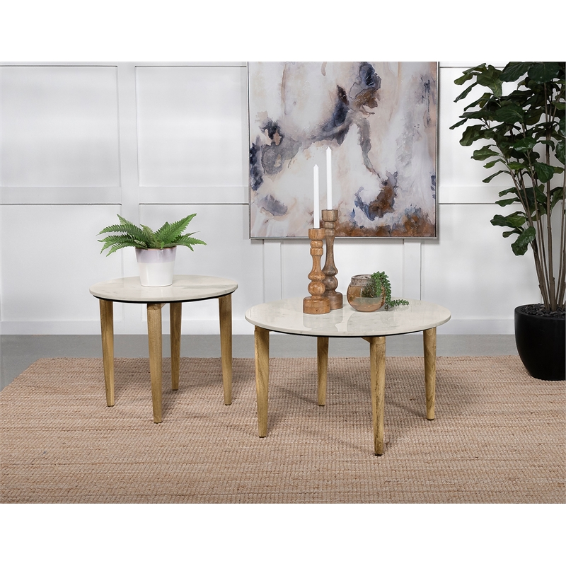 Pemberly Row 2-Piece Marble and Mango Coffee and End Table Set in White