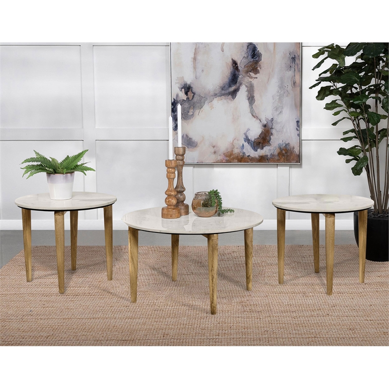 Pemberly Row 3-Piece Marble and Mango Coffee and End Table Set in White