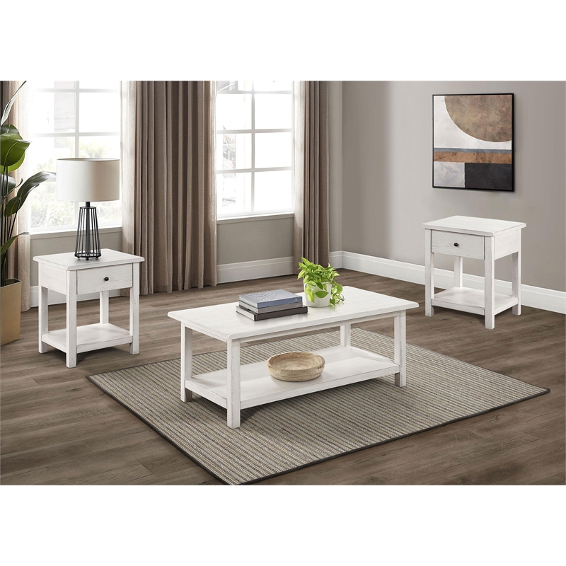 Pemberly Row 3-piece Coffee and 1-drawer End Table Set in White