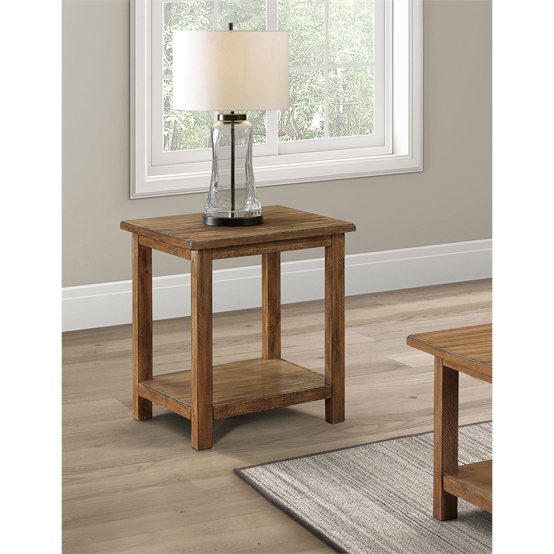 Pemberly Row Square Wood End Table with Shelf in Distressed Brown