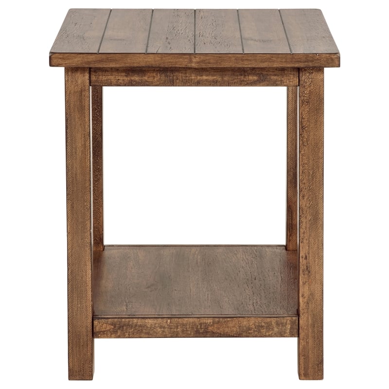 Pemberly Row Square Wood End Table with Shelf in Distressed Brown