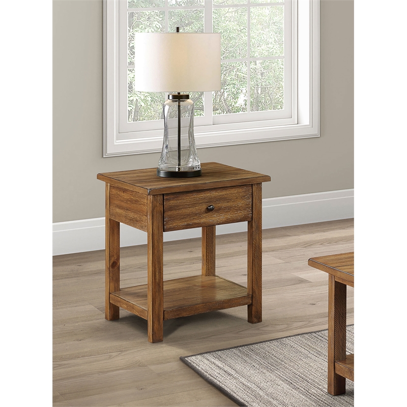Pemberly Row 1-drawer Wood End Table with Shelf in Distressed Brown