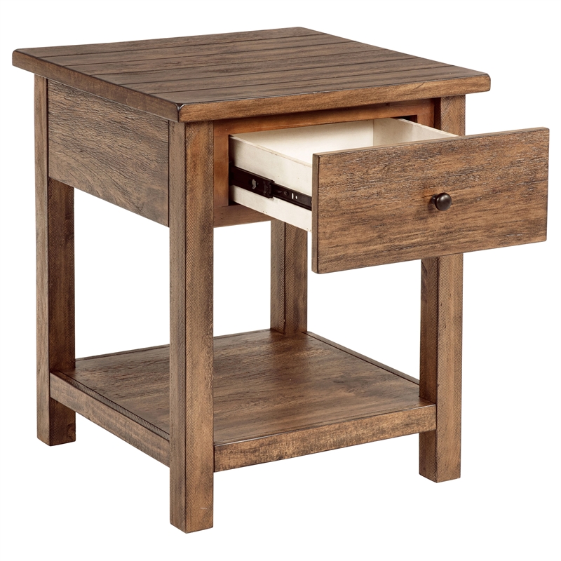 Pemberly Row 1-drawer Wood End Table with Shelf in Distressed Brown