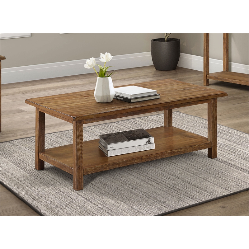 Pemberly Row Rectangular Wood Coffee Table with Shelf in Distressed Brown