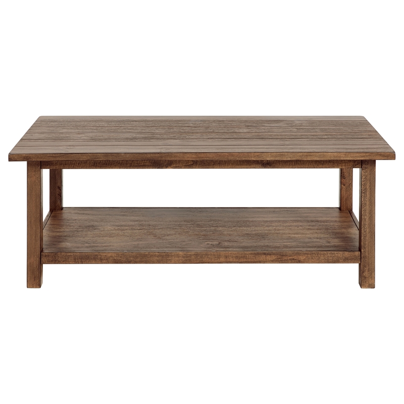 Pemberly Row Rectangular Wood Coffee Table with Shelf in Distressed Brown