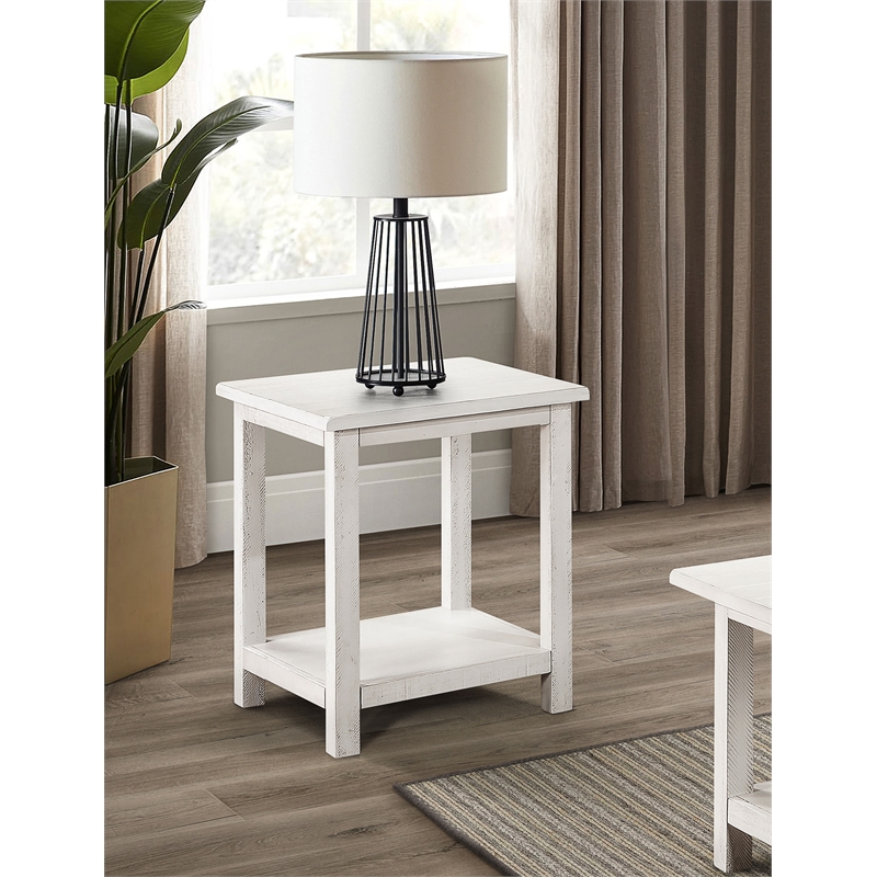 Pemberly Row Square Wood End Table with Shelf in Distressed White