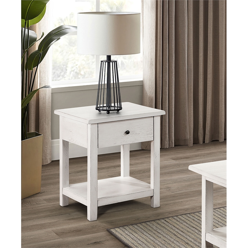 Pemberly Row 1-drawer Wood End Table with Shelf in Distressed White