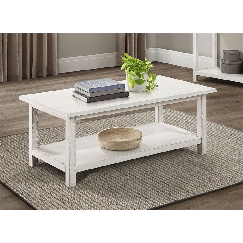 Pemberly Row Rectangular Wood Coffee Table with Shelf in Distressed White