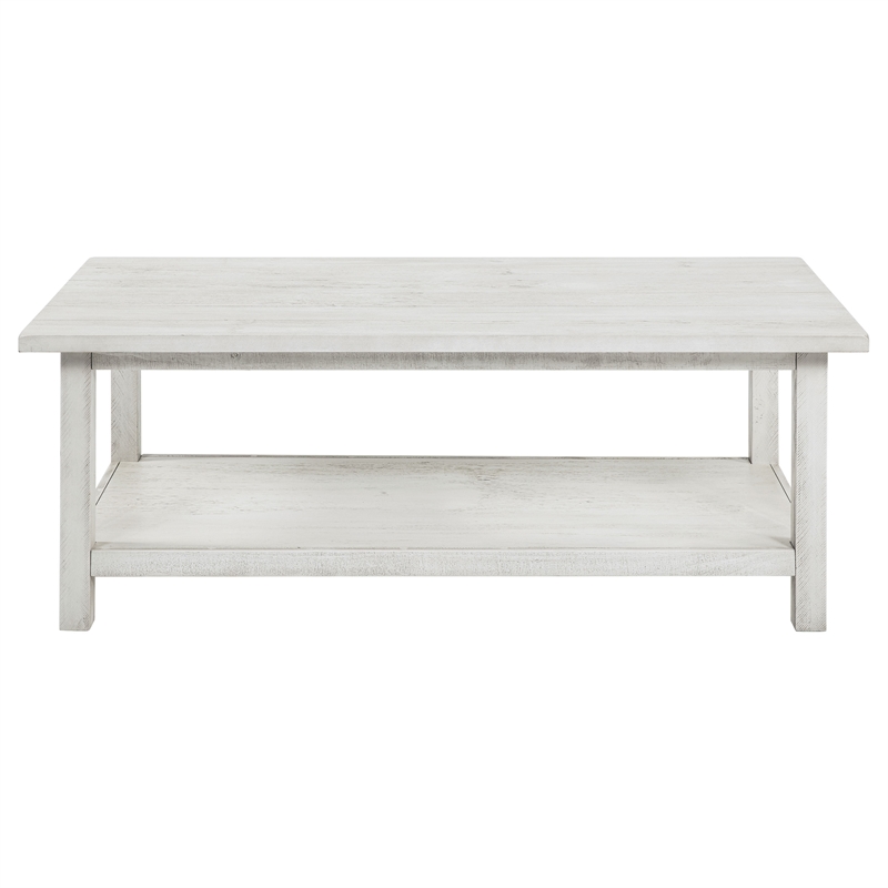 Pemberly Row Rectangular Wood Coffee Table with Shelf in Distressed White