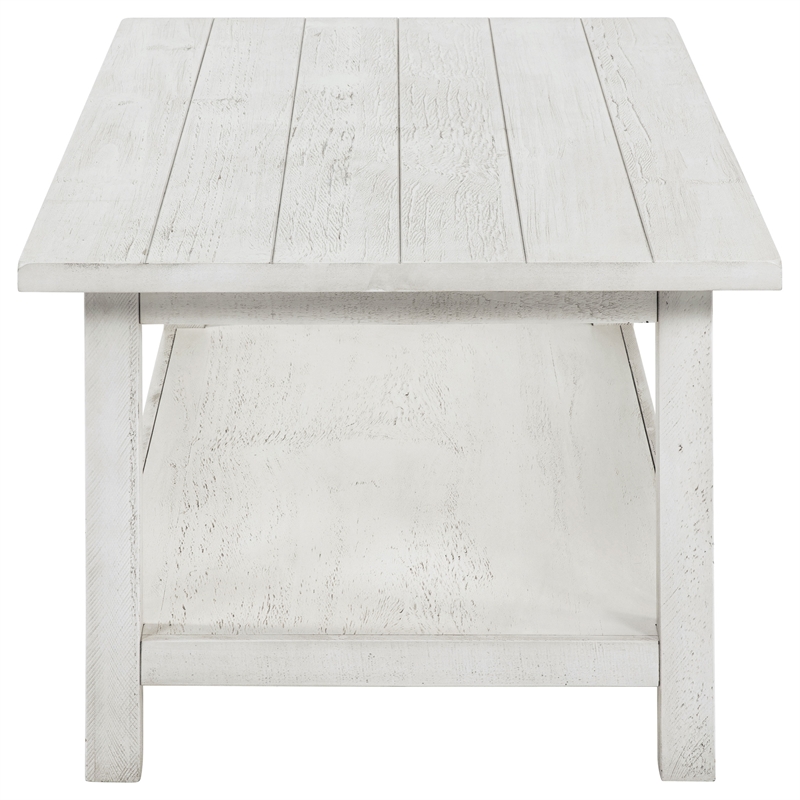 Pemberly Row Rectangular Wood Coffee Table with Shelf in Distressed White