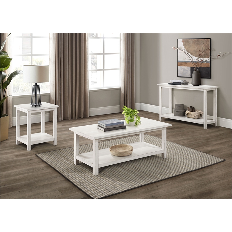 Pemberly Row Rectangular Wood Coffee Table with Shelf in Distressed White