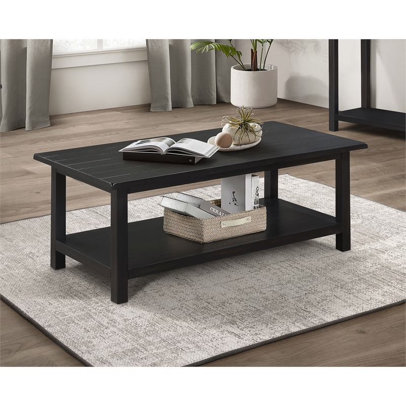 Pemberly Row Rectangular Wood Coffee Table with Shelf in Distressed Java