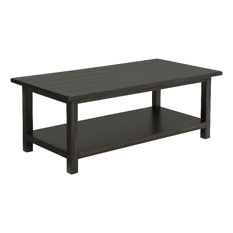 Pemberly Row Rectangular Wood Coffee Table with Shelf in Distressed Java