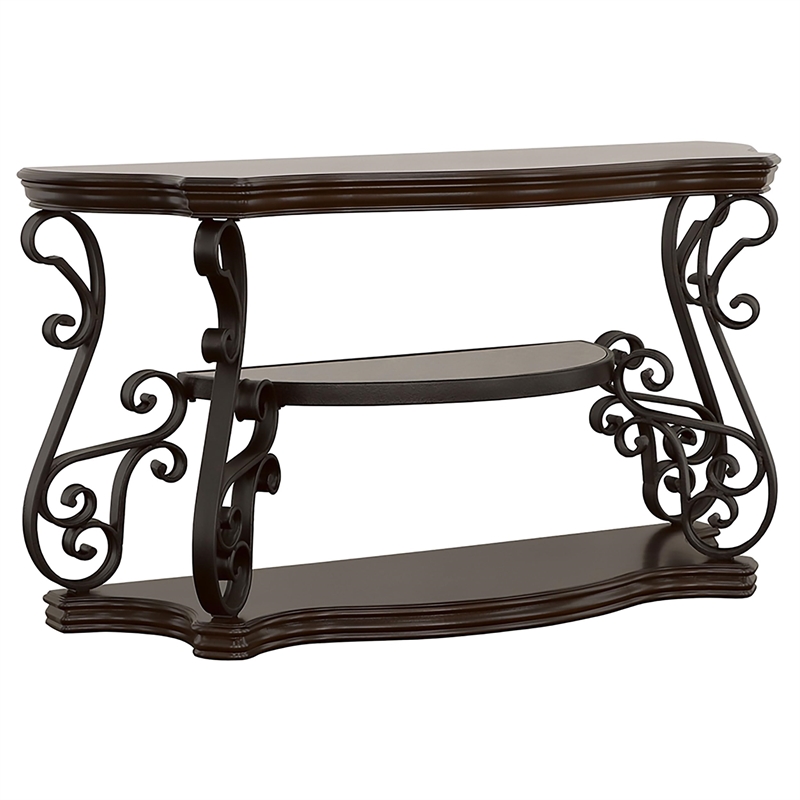Pemberly Row Scrollwork Entryway Sofa Console Table in Deep Merlot