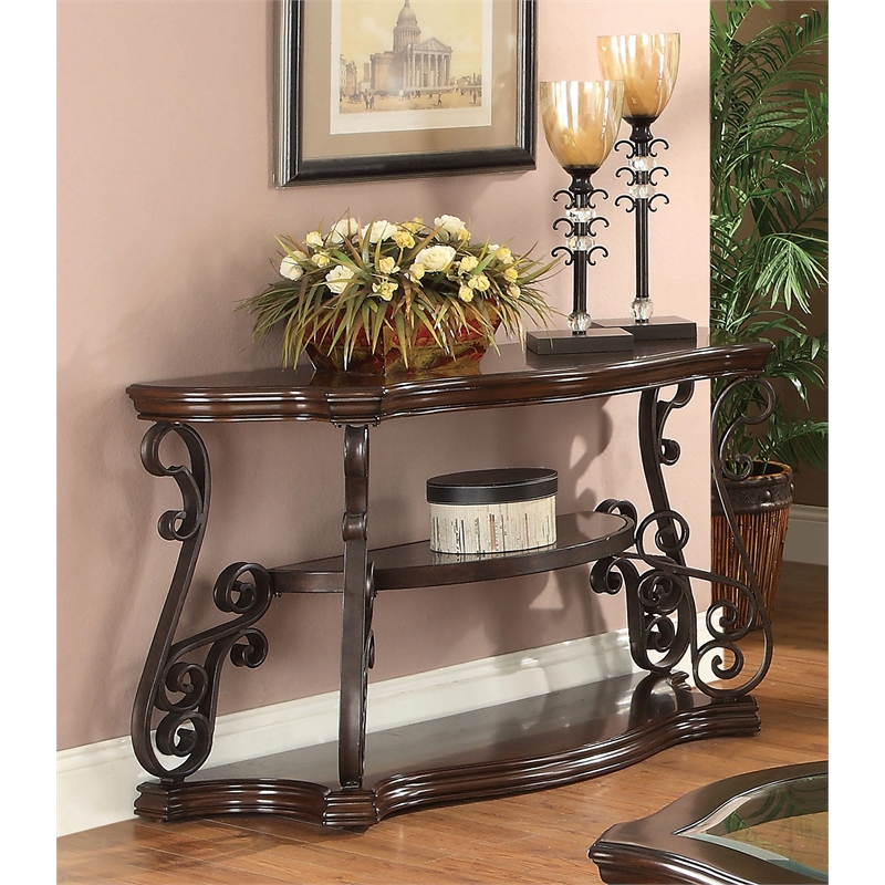 Pemberly Row Scrollwork Entryway Sofa Console Table in Deep Merlot