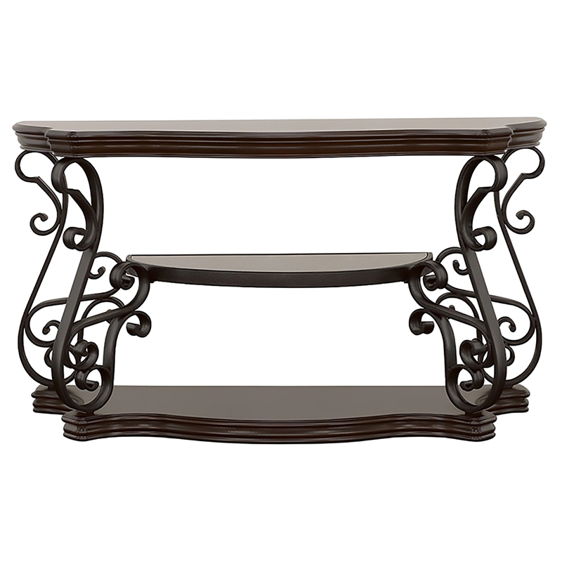 Pemberly Row Scrollwork Entryway Sofa Console Table in Deep Merlot