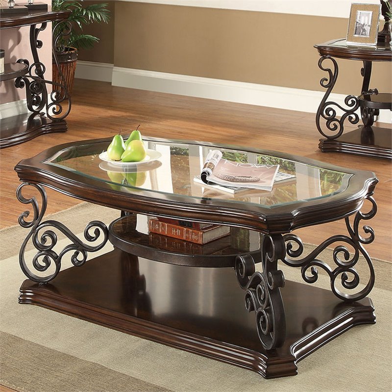 Pemberly Row 1-shelf Glass Top Rectangular Coffee Table in Deep Merlot