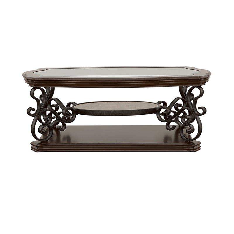Pemberly Row 1-shelf Glass Top Rectangular Coffee Table in Deep Merlot
