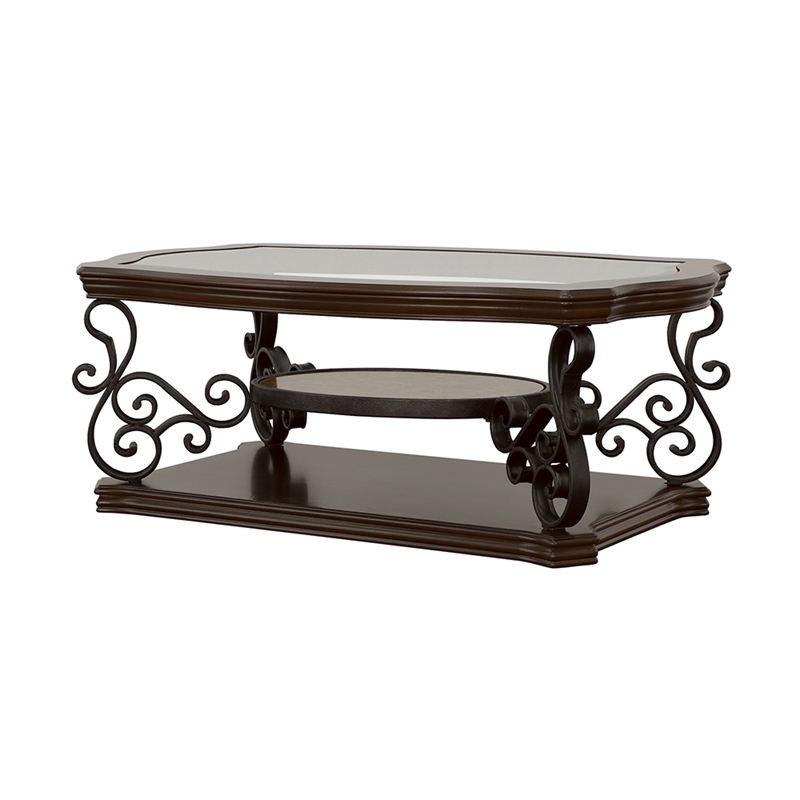 Pemberly Row 1-shelf Glass Top Rectangular Coffee Table in Deep Merlot