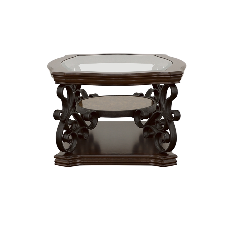 Pemberly Row 1-shelf Glass Top Rectangular Coffee Table in Deep Merlot