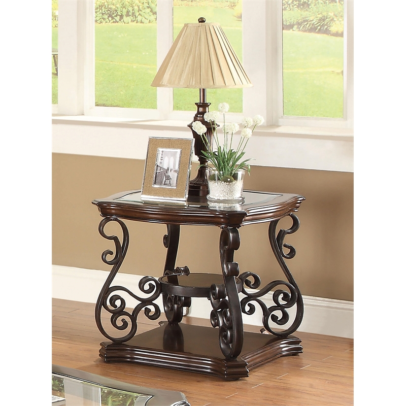 Pemberly Row 1-shelf Glass Top Rectangular End Table in Deep Merlot