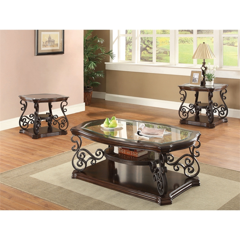 Pemberly Row 3-piece Glass Top Coffee and End Table Set in Dark Merlot