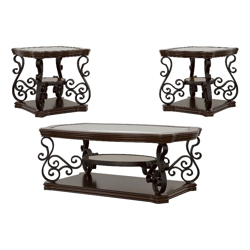 Pemberly Row 3-piece Glass Top Coffee and End Table Set in Dark Merlot