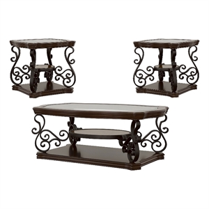 Pemberly Row 3-piece Glass Top Coffee and End Table Set in Dark Merlot