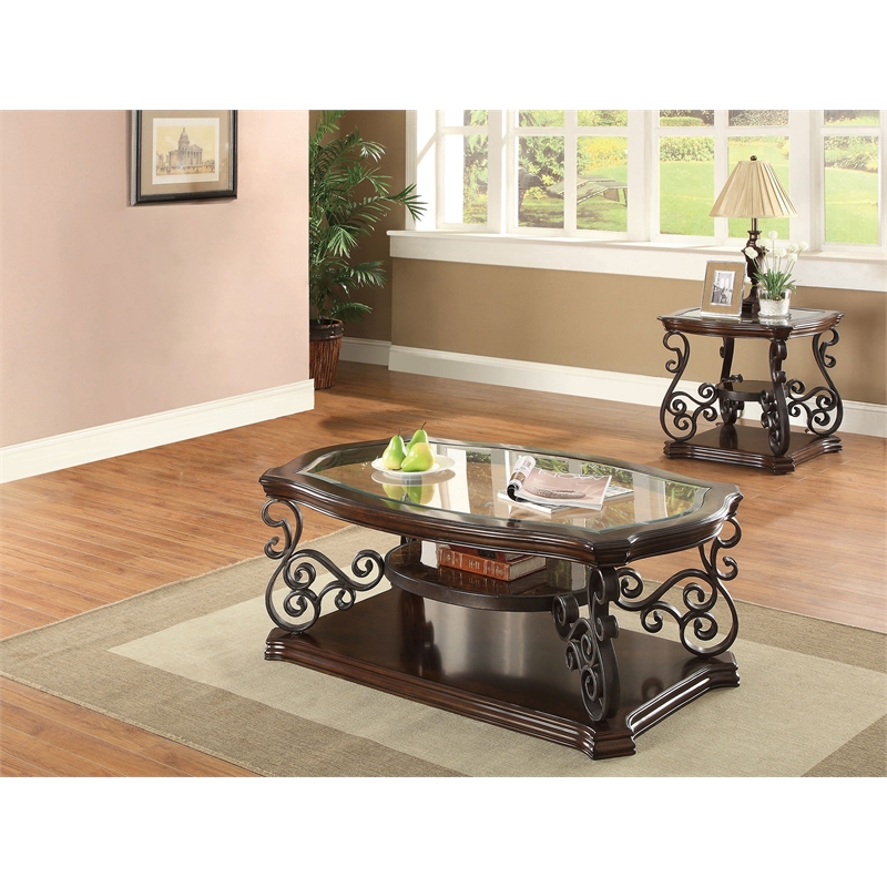 Pemberly Row 2-piece Glass Top Coffee and End Table Set in Dark Merlot