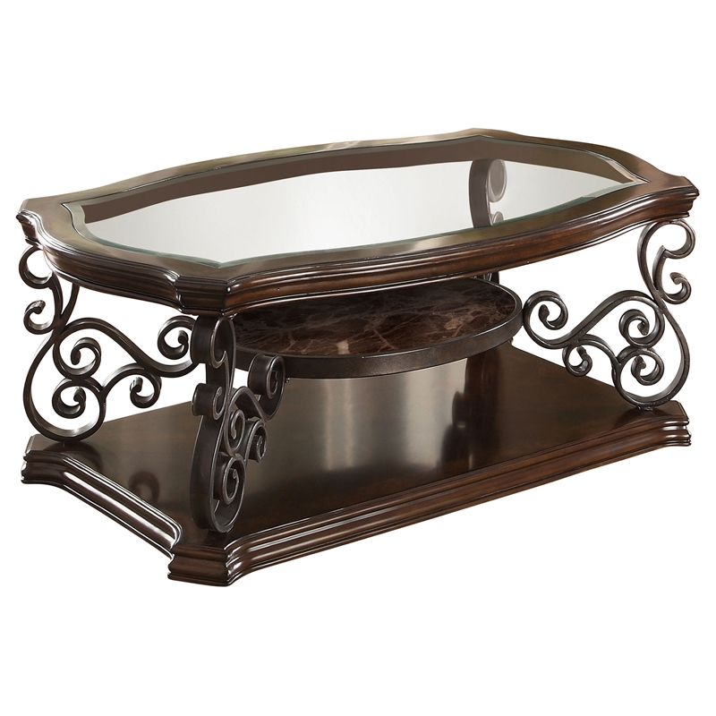 Pemberly Row 2-piece Glass Top Coffee and End Table Set in Dark Merlot